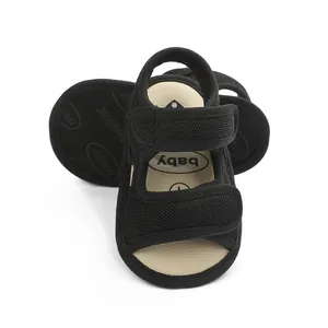 Detailed macro view of black breathable mesh baby sandals featuring dual Velcro straps