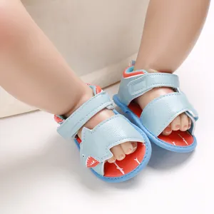 Detailed macro view of cute shark design baby sandals with soft breathable soles for summer