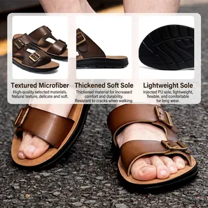 Premium bruine leren strandsandalen voor heren met dubbele gespen en zachte PU-zolen