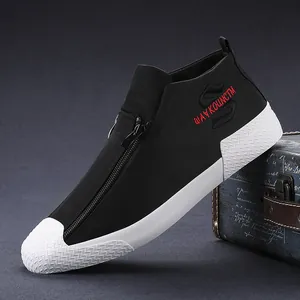 Stylish black high-top canvas sneakers for men with front zipper and unique embroidery