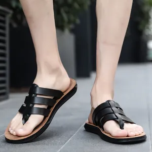 Premium men's black leather flip-flops with multi-strap design for summer beach