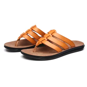 Premium men's brown leather flip-flops with multi-strap design for summer beach wear
