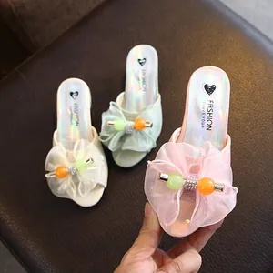 Kids Girls High Heel Princess Slippers Summer Bowknot Heart Pattern Microfiber Leather Fashion Outdoor Sandals For Little Girls