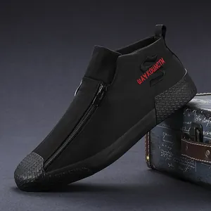 Men's black high-top canvas shoes with front zipper and stylish red embroidery detail