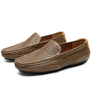Klassische braune Leder-Loafer für Herren mit elegantem Lochmuster, Autofahrerschuhe