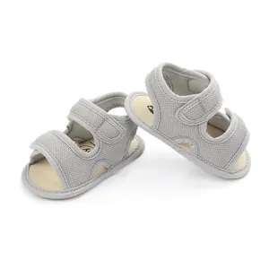 Detailed macro view of grey mesh baby sandals featuring dual adjustable hook and loop straps