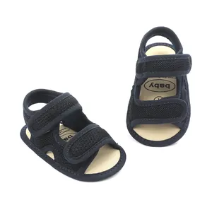 Detailed view of navy blue baby mesh sandals with adjustable hook and loop straps.
