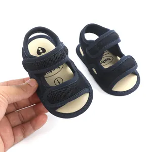 Detailed view of navy blue breathable mesh baby sandals with adjustable velcro straps
