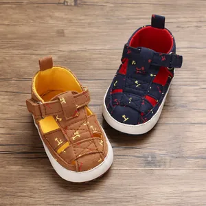Breathable soft-soled baby cotton walking sandals with anchor print on wooden floor