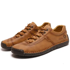 Vintage handmade stitched brown leather leisure shoes for men in large sizes 47-48