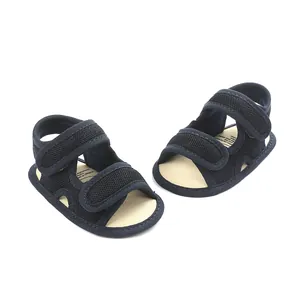 Close-up of navy blue mesh baby sandals featuring dual adjustable hook-and-loop straps