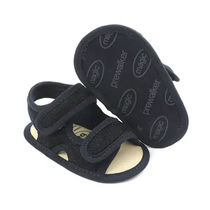 Navy blue mesh baby pre-walker sandals with soft non-slip sole and magic print pattern