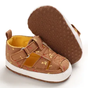 Detailed view of brown baby cotton sandals featuring anti-slip soft rubber dot sole