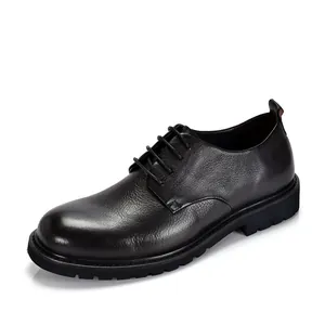 Vintage Britse Stijl Heren Echt Leren Casual Schoenen Handmatig Gepolijst Dikke Zool Koeienhuid Ronde Neus Derby Schoenen