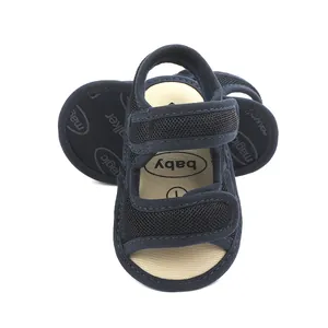 Close-up view of breathable navy blue mesh baby sandals with dual Velcro straps
