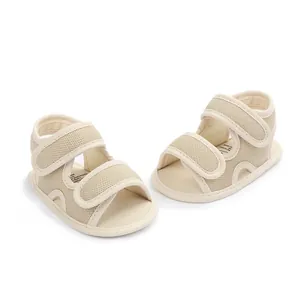 Beige breathable mesh baby sandals with double velcro straps for infant first walkers