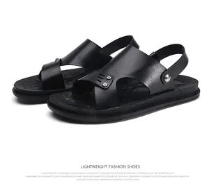 Detailed lateral view of lightweight black leather fashion sandals for men's outdoor wear