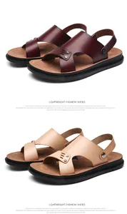 Detailed display of men's lightweight leather sandals in burgundy and tan colors
