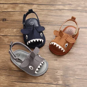 Toddler cartoon shark sandals in navy, brown, and grey with soft soles