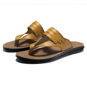 Elegant brown leather-style flat flip-flops for women, durable beach thong sandals