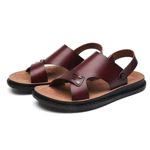Classic men's outdoor casual sandals in dark brown leather with metal rivet details