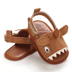 Brown cartoon shark design infant sandals with soft soles for summer baby walkers