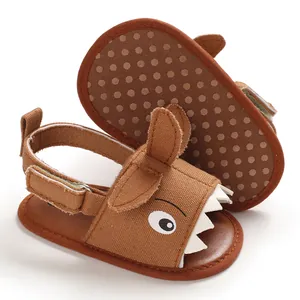 Close-up detail of cartoon shark baby sandals featuring a soft anti-slip sole and Velcro strap.