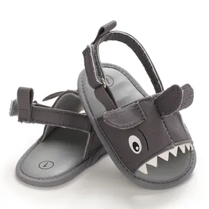 Detail of shark cartoon infant soft sole sandals with hook-and-loop strap design