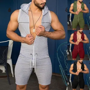 Men Casual Hooded Sleeveless Romper Polyester Slim Fit Sporty Jumpsuit With Front Zipper Drawstring Waist Summer Home Wear