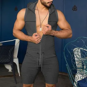Detail view of men's sleeveless hooded romper jumpsuit with front zipper in grey