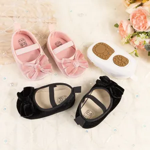 Velvet baby princess shoes with decorative bows and soft anti-slip rubber soles for kids