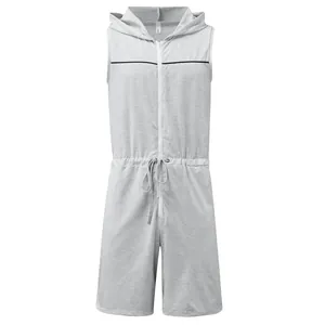 Detail of a men's light gray hooded sleeveless jumpsuit with front zipper and drawstring.