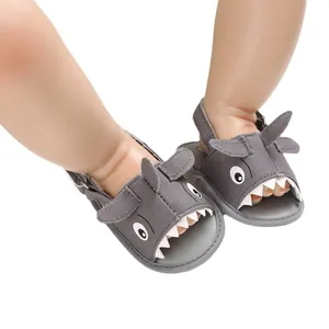 Grey cartoon shark infant walking sandals with soft soles and breathable mesh design
