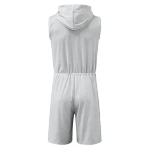 Back view of men's casual grey hooded sleeveless romper jumpsuit with elastic waist