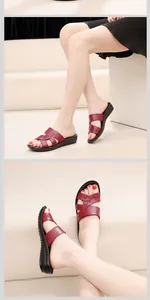 Detailed close-up view of maroon leather comfort sandals for middle-aged women in use