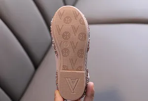 Close-up of anti-slip rubber sole on girls' rhinestone performance dance shoes