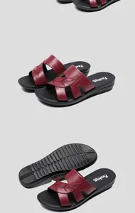 Detailed views of wine red leather sandals for women with comfortable non-slip flat soles