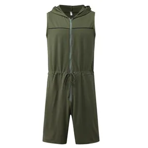 Men's olive green sleeveless hooded jumpsuit with front zipper and drawstring waist