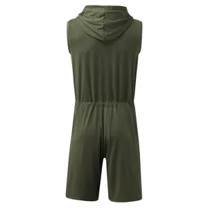 Back view of men's olive green sleeveless hooded romper for casual sportswear