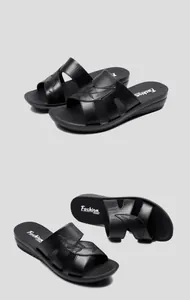 Pair of comfortable black leather flat sandals for elderly women shown from multiple angles