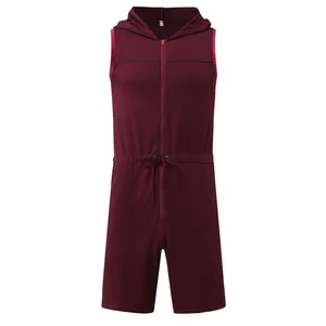 Men's casual sleeveless hooded jumpsuit with front zipper and drawstring waist in burgundy.