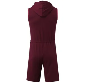 Rear view of a men's burgundy hooded sleeveless jumpsuit featuring elastic waist.