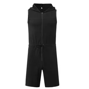 Close-up front view of black men's sleeveless hooded sports romper with zipper closure