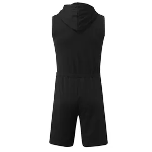 Back view of men's black sleeveless hooded sports romper with elastic waist detail