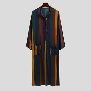 Traditionelles gestreiftes Kaftan-Gewand für Herren mit langen Ärmeln und Taschen
