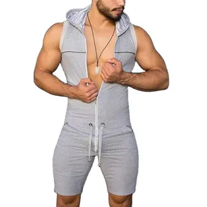 Men's sleeveless hooded zip-up romper jumpsuit in casual grey jersey fabric