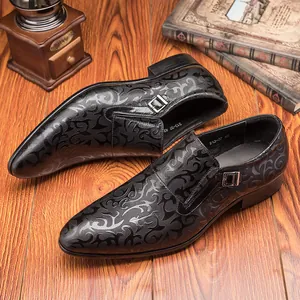 Men Business Formal Leather Shoes British Style Embossed Crocodile Grain Monk Strap Shoes Top Grain Cowhide Dress Shoes