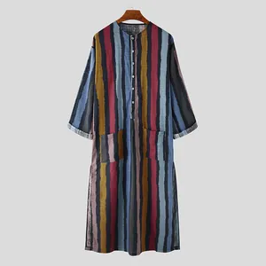 Men's traditional long sleeve robe featuring colorful vertical stripes and front pockets