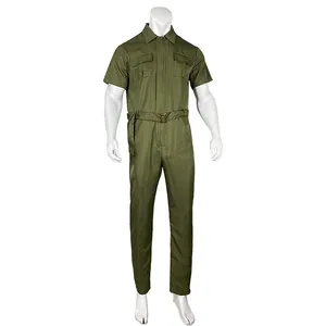 Front view of professional army green short-sleeve utility jumpsuit with belt for stylish men