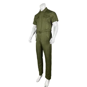 Full body view of a men's olive green short-sleeved workwear jumpsuit with waist belt